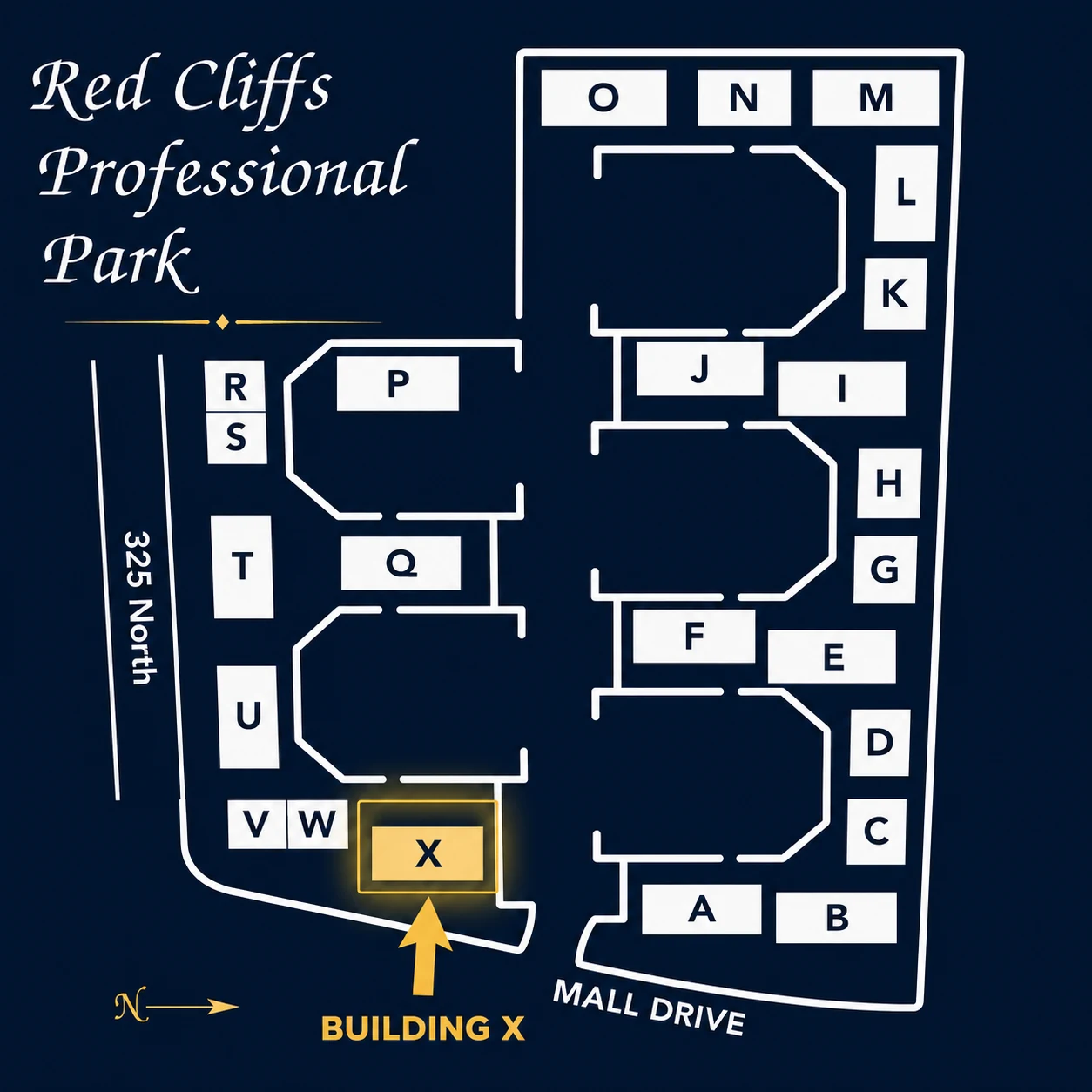 Site map highlighting Building X at Red Cliffs Professional Park